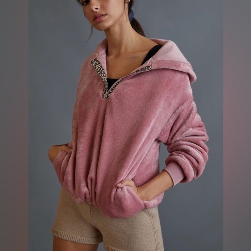 Anthro Sunday in Brooklyn Quarter Zip Hooded Pullover‎ Pink Velour Leopard S
